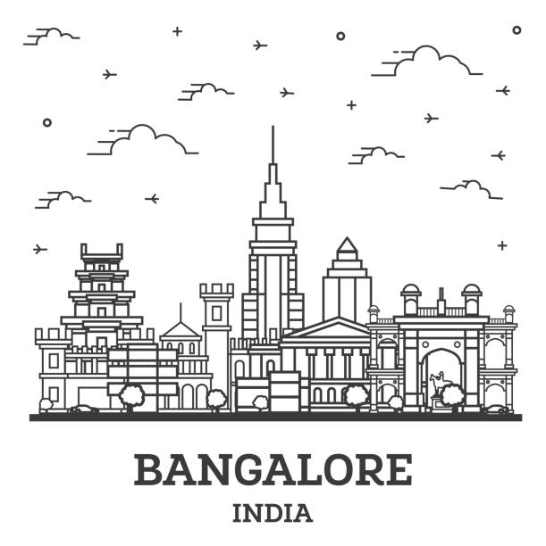 ilustraciones, imágenes clip art, dibujos animados e iconos de stock de contorno bangalore india city skyline con edificios históricos aislados en blanco. - bangalore