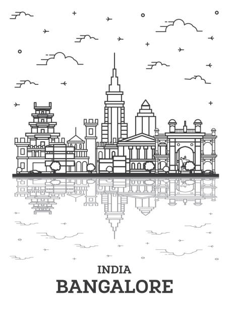 outline bangalore india city skyline mit historischen gebäuden und reflexionen isoliert auf weiß. - bangalore india business building exterior stock-grafiken, -clipart, -cartoons und -symbole