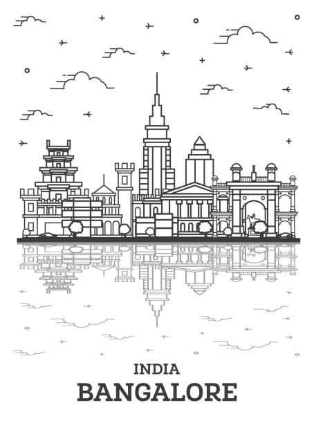 ilustrações, clipart, desenhos animados e ícones de contorno bangalore india city skyline com edifícios históricos e reflexões isoladas em branco. - bangalore india business building exterior