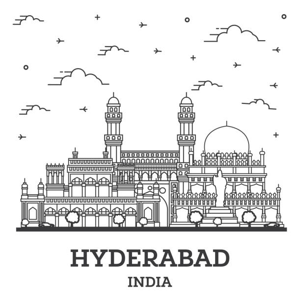 illustrazioni stock, clip art, cartoni animati e icone di tendenza di delinea lo skyline di hyderabad india city con edifici storici isolati su bianco. - hyderabad