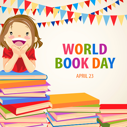 Celebrating the World Book Day with girl lying on stack of books and bunting hanging on the background