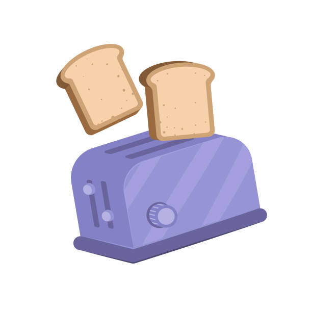illustrazioni stock, clip art, cartoni animati e icone di tendenza di tostapane automatico cuocere il pane per colazione. concetto di preparazione della colazione - tostapane