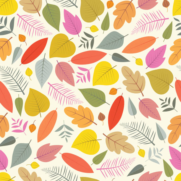 Ornate trendy seamless vector ditsy floral pattern design of exotic autumn color leaves. Artistic vector foliage background for printing and textile Elegant trendy ditsy foliage texture vector seamless pattern design of exotic autumn color leaves. Foliate background of fresh leaves. Repeating texture for wallpaper, surface pattern and textile all over pattern stock illustrations