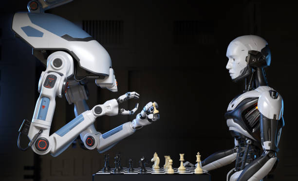 dois robôs jogando xadrez - twisting arm - fotografias e filmes do acervo