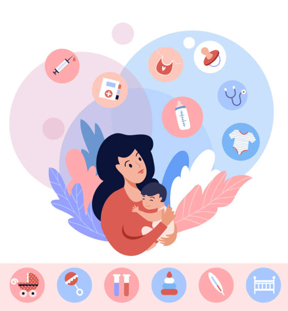 ilustrações de stock, clip art, desenhos animados e ícones de motherhood concept illustration. - mulher bebé