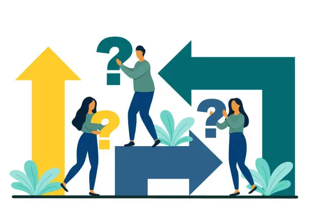 Vector illustration of A group of people holding a question mark in their hands with direction arrows around. Decision making and work strategy concept. Flat style vector illustration.