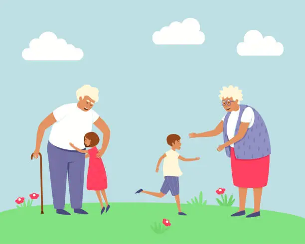 Vector illustration of Happy grandparents met their grandchildren