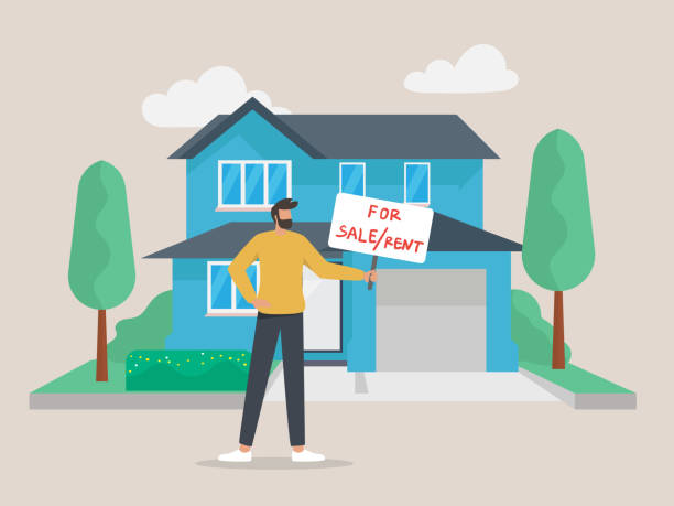 człowiek pewny siebie agent nieruchomości oferujący dom. mężczyzna broker z plakietką na sprzedaż - house sale real estate agent sign stock illustrations