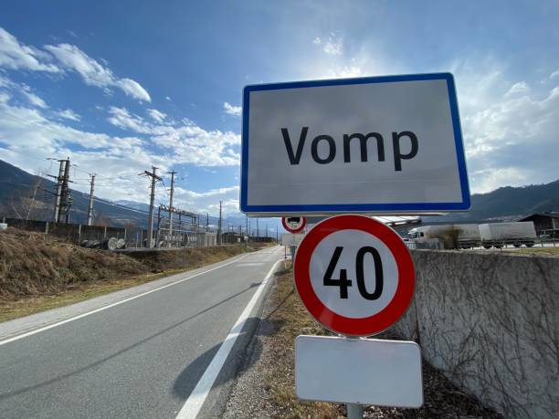 Local sign of Vomp - in the district Schwaz in Tyrol Austria near the Tux Alps and the Karwendel in the Inn Valley Winter inden Alpen inn river stock pictures, royalty-free photos & images