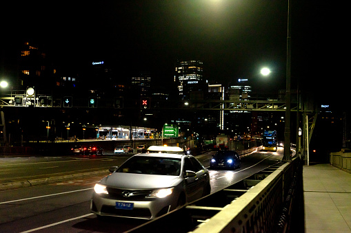 Hundreds of taxis and buses travel between the city and the Northern suburbs in two directions. 5 March 2021 Sydney, Australia.