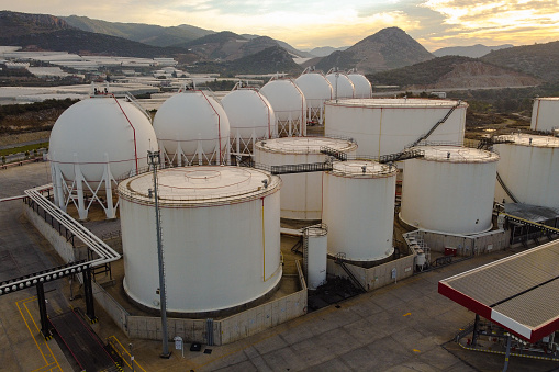 Liquified natural gas storage. LNG or LPG gas plant. Storage tanks for liquefied gas. Aerial view