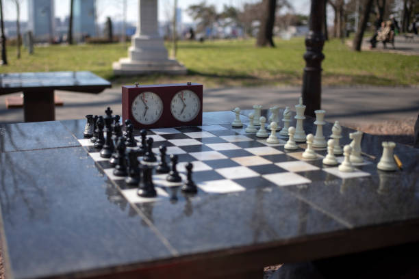 Public chess table in the park stock photo