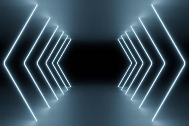 istock Modern empty abstract background illuminated by white curved neon lights / frames in diminishing perspective, 80's retro style 1306621842