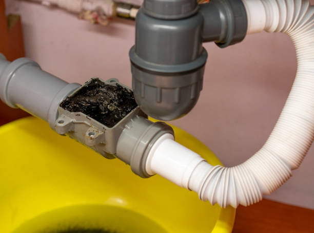 istock Plumbing, kitchen check valve clogged, yellow basin and debris clogging up the pipe 1306621910