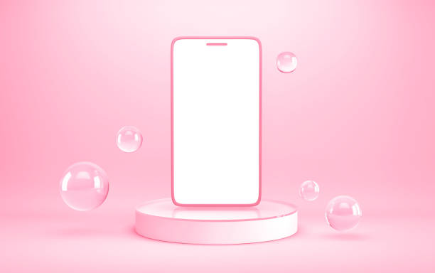 istock Blank smartphone screen with podium and glass spheres 1306622155
