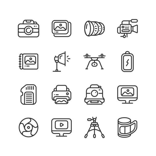 illustrations, cliparts, dessins animés et icônes de appareil photo, photographe, photos, ouverture, icônes lens - studio photo