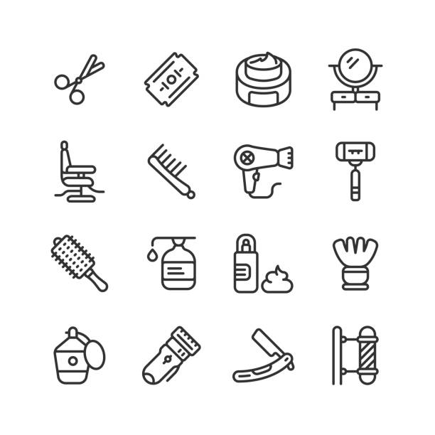 Barber Shop, Barber Chair, Comb, Hair Dryer, Razor Blade, Hair Icons Barber Shop, Barber Chair, Comb, Hair Dryer, Razor Blade, Haircut, Barber Scissors, Classic Razor, Hair Gel, Mirror, Lotion, Shave Foam, Perfume, Shave Brush, Hairdresser, Electric Shaver, Straight Razor, Barber Pole Icons mirror object drawings stock illustrations