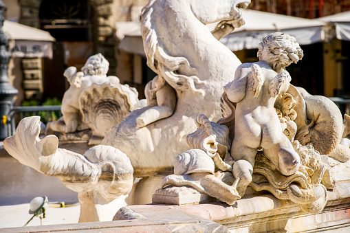 A detail of the mythological statue of the hippocampus in the sculptural group of the Fountain of Neptune in Piazza Navona, in the heart of Rome, built in 1873 on a project by the architect Giacomo della Porta. Image in high definition format.