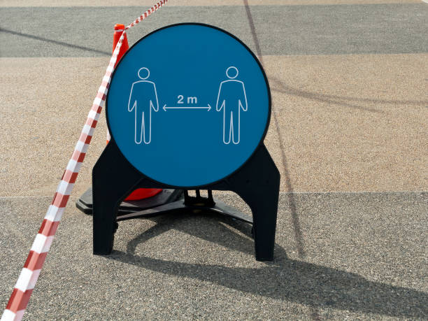 istock Social distancing signboard on sidewalk 1306626030