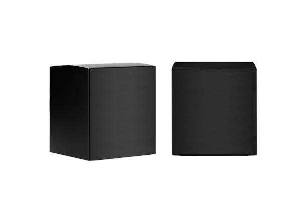 istock Square black paper boxes side, front view isolated, mock up of packing, branding identity of product, advertising, presentation, design. 1306626631