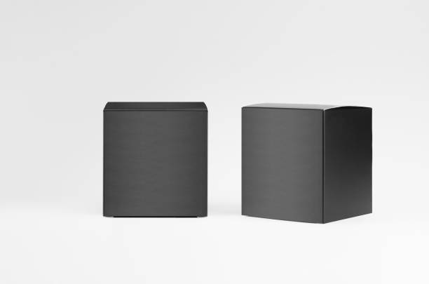 istock Square black paper boxes side, front view on white background, template of packing, branding identity of product, advertising, presentation, design. 1306626635