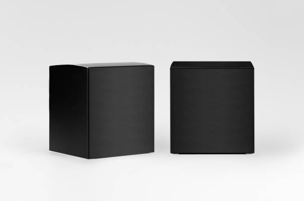 istock Square black paper boxes side, front view on white background, mock up of packing, branding identity of product, advertising, presentation, design. 1306626636