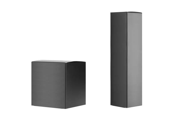 istock Collection of different black paper boxes -  tall slim rectangle and square side view isolated, mock up of packing, branding product, advertising, design. 1306626663