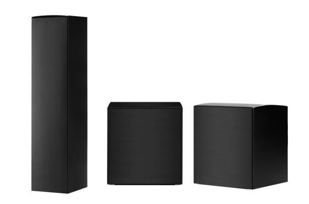 istock Collection of different black paper boxes -  tall slim rectangle, square side and front view isolated, mock up packing, branding product, advertising, design. 1306626726