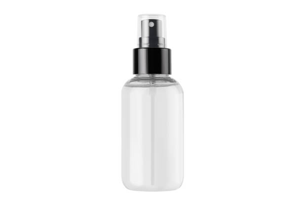istock Spray bottle for cosmetics product with transparent liquid isolated on white background, mock up for branding, advertising, presentation, design. 1306626810