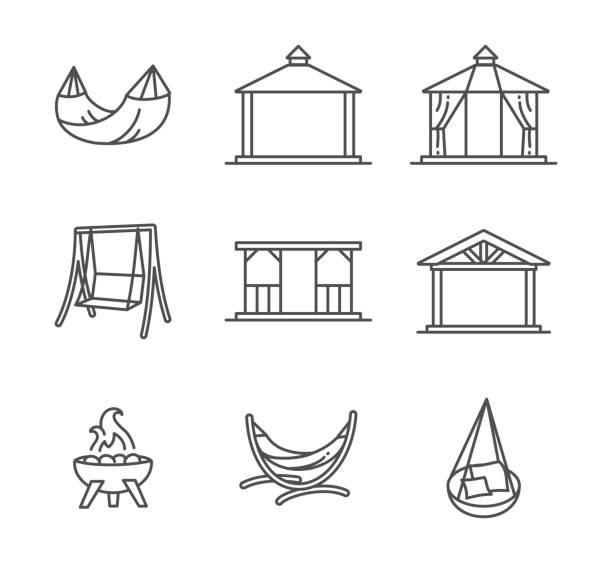 ilustraciones, imágenes clip art, dibujos animados e iconos de stock de estructuras de jardín, edificios y muebles delgados estilo línea icono conjunto vector - pabellón