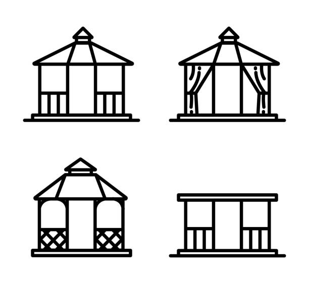 Thin line style gazebos and garden constructions vector set Thin line style gazebos and garden constructions vector set art pavilion stock illustrations