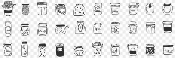 illustrations, cliparts, dessins animés et icônes de pots et récipients pour ensemble de doodle de nourriture - inkpot