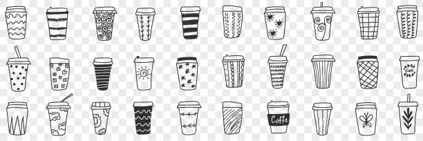 Reusable eco friendly glasses doodle set Reusable eco friendly glasses doodle set. Collection of hand drawn glasses and thermos for hot and cold drinks with various patterns eco-friendly cups isolated on transparent background flat white stock illustrations