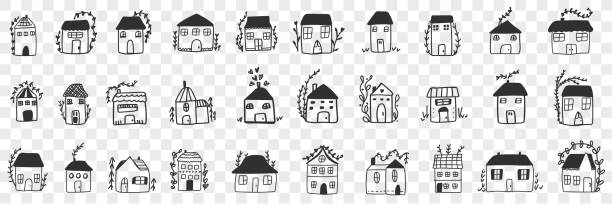 ilustraciones, imágenes clip art, dibujos animados e iconos de stock de edificios y casas doodle set - casa bonita