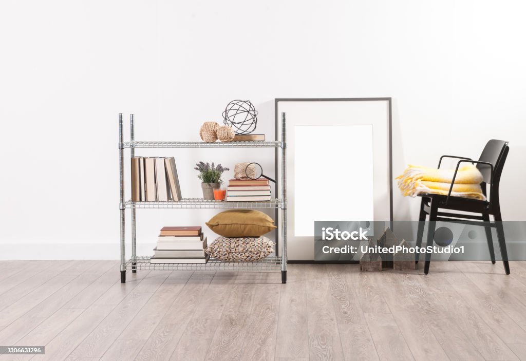 modern home interior living and work room with metal chair modern home interior living and work room with metal chair table vase flower Apartment Stock Photo