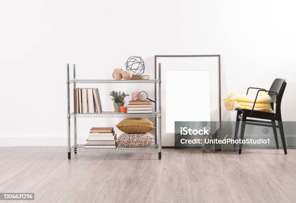 Modern Home Interior Living And Work Room With Metal Chair Stock Photo - Download Image Now