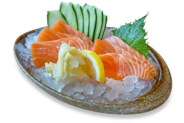 istock Salmon Sashimi with shredded and slice cucumber on ice 1306632740