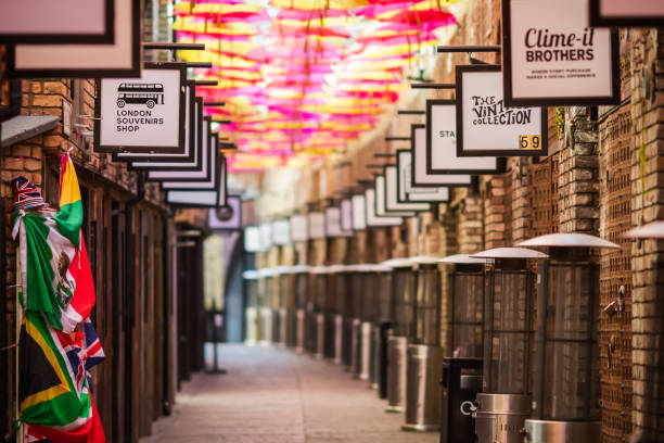 Closed shops at Camden Market in London during the national lockdown London, UK - 26 February, 2021 - Closed shops in Camden Market during the national lockdown camden market stock pictures, royalty-free photos & images