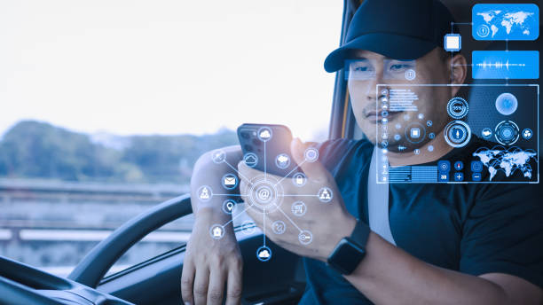 istock Truck driver Find location on smartphone 1306635260