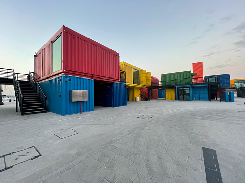 Doha, Qatar - February 03, 2021: Eclectic Street Corniche. Colorful Containers Food Street