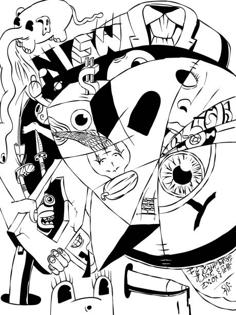 Surreal black and white cartoon illustration of doodles. Surreal black and white cartoon composition of doodles - Puzzle art. cartoon of a frog black and white stock illustrations