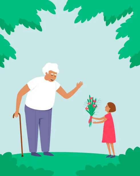 Vector illustration of The granddaughter gives flowers to her grandfather
