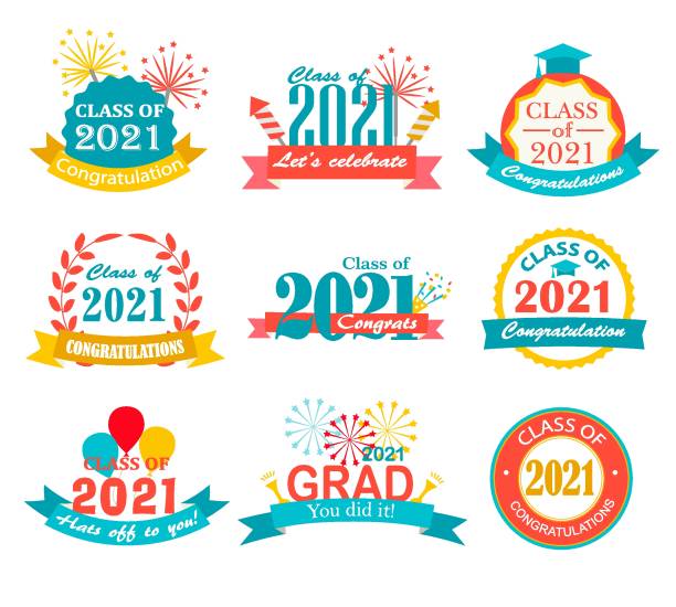 Bright graduation 2021 badges, signs and symbols with graduation cap, fireworks and petards. Vector illustration vector art illustration