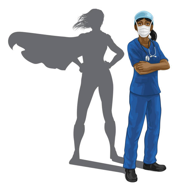 Superhero Nurse Doctor Woman Super Hero Shadow A nurse or doctor super hero woman in surgical or hospital scrubs with stethoscope and mask PPE. With arms folded and serious but caring look. Revealed as a superhero by the shape of her shadow. nurse silhouettes stock illustrations