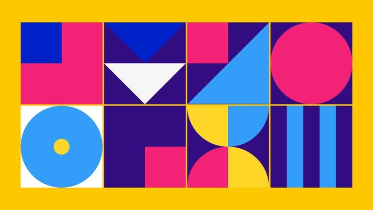 Geometric pattern loop. Circles, squares animation. Modernist abstract background. Bauhaus Design style. Blue, white, pink, purple, yellow.