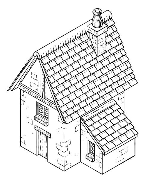 ilustrações de stock, clip art, desenhos animados e ícones de cottage house vintage woodcut building map icon - house residential structure non urban scene tudor style