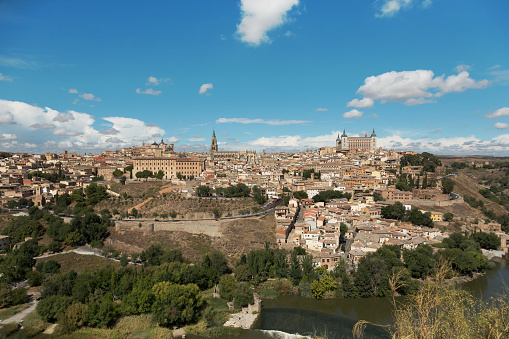 Aerial view of the old on the hill of Toledo, Spain on a sunny day