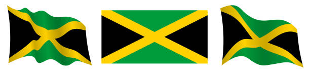 bildbanksillustrationer, clip art samt tecknat material och ikoner med jamaicas flagga i statisk position och i rörelse, fladdrande i vind i exakta färger och storlekar, på vit bakgrund - welcome to jamaica