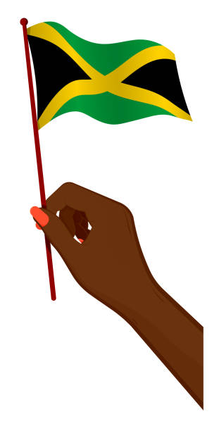 bildbanksillustrationer, clip art samt tecknat material och ikoner med kvinnlig hand håller försiktigt liten flagga av jamaica. semester designelement. tecknad vektor på vit bakgrund - welcome to jamaica