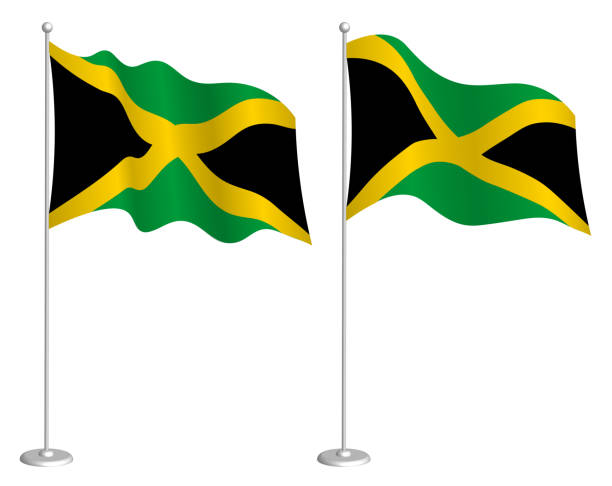 bildbanksillustrationer, clip art samt tecknat material och ikoner med jamaica flagga på flaggstång vinkar i vind. semester designelement. kontrollpunkt för kartsymboler. isolerad vektor på vit bakgrund - welcome to jamaica